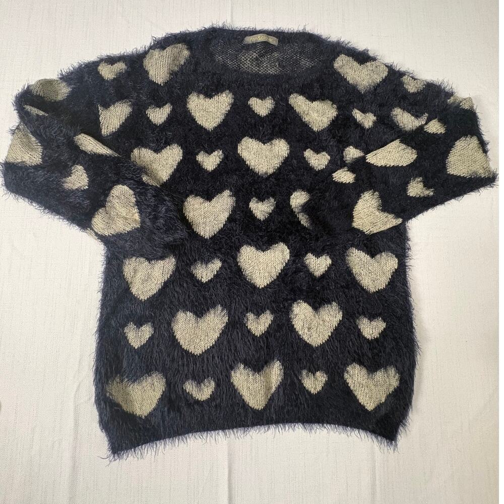 Finn & Clover fuzzy cozy blue heart sweater L spandex pullover